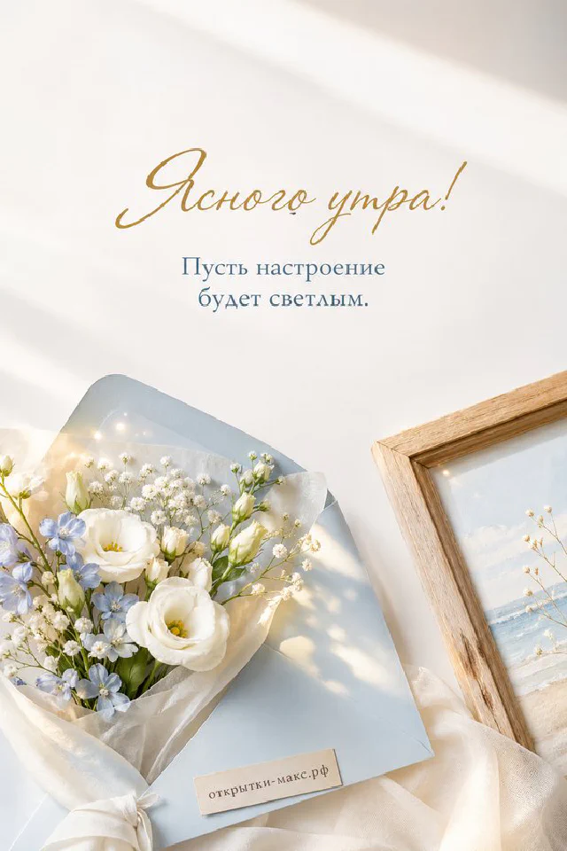 Спящая кошка рядом с чашкой кофе на тёплом пледе, надпись «Ясного утра» — вариант 5