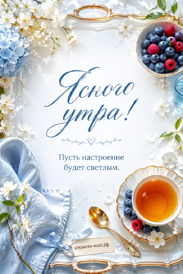 Спящая кошка рядом с чашкой кофе на тёплом пледе, надпись «Ясного утра» — вариант 6