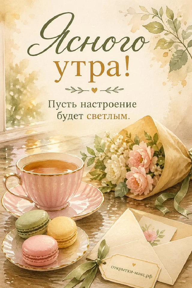 Спящая кошка рядом с чашкой кофе на тёплом пледе, надпись «Ясного утра» — вариант 2