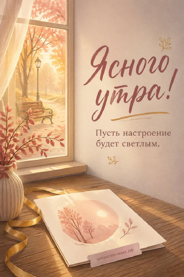 Спящая кошка рядом с чашкой кофе на тёплом пледе, надпись «Ясного утра» — вариант 4