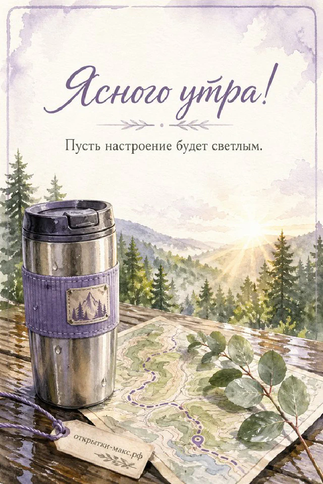 Спящая кошка рядом с чашкой кофе на тёплом пледе, надпись «Ясного утра» — вариант 7