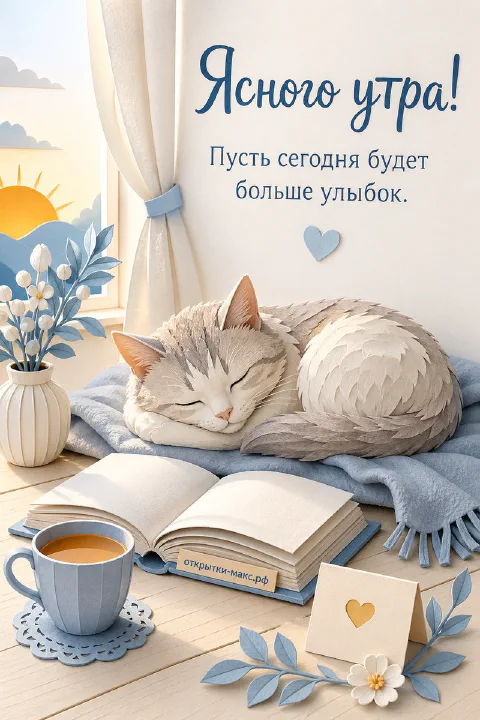 Спящий серый кот на открытой книге у окна с голубыми цветами и чашкой кофе, надпись «Ясного утра»