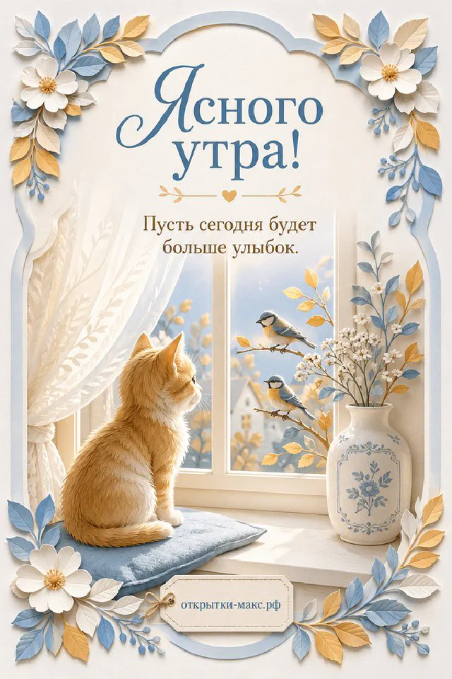 Спящий серый кот на открытой книге у окна с голубыми цветами и чашкой кофе, надпись «Ясного утра» — вариант 2