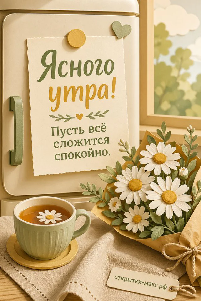 Белый кролик рядом с чашкой ромашкового чая и вазой с ромашками, в акварельной цветочной рамке и надписью «Ясного утра!» — вариант 4