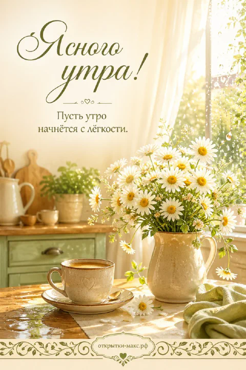 Белые ромашки в керамическом кувшине и чашка кофе на деревянном кухонном столе у окна с зелёными занавесками