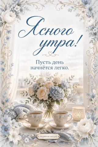 Букет белых роз и гортензий в вазе с двумя фарфоровыми чашками у окна, надпись «Ясного утра»