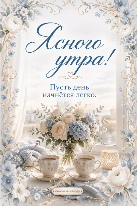 Букет белых роз и гортензий в вазе с двумя фарфоровыми чашками у окна, надпись «Ясного утра»