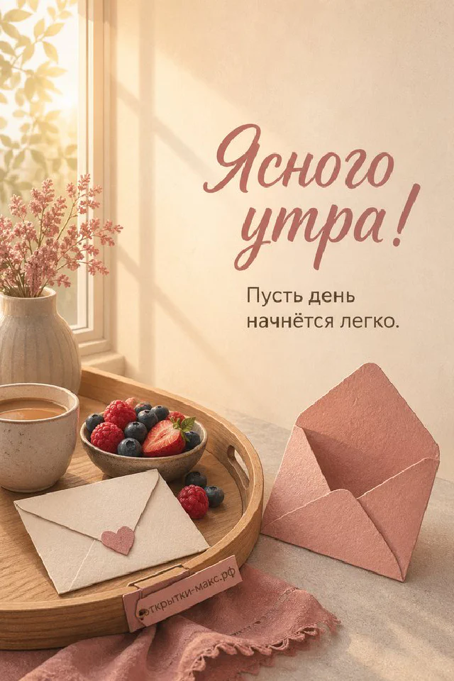 Букет белых роз и гортензий в вазе с двумя фарфоровыми чашками у окна, надпись «Ясного утра» — вариант 3