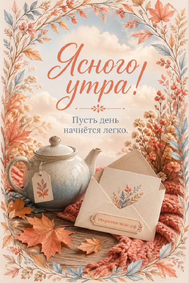 Букет белых роз и гортензий в вазе с двумя фарфоровыми чашками у окна, надпись «Ясного утра» — вариант 4