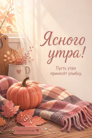 Оранжевая тыква на розово-бежевом клетчатом пледе с осенними листьями у окна, надпись «Ясного утра»