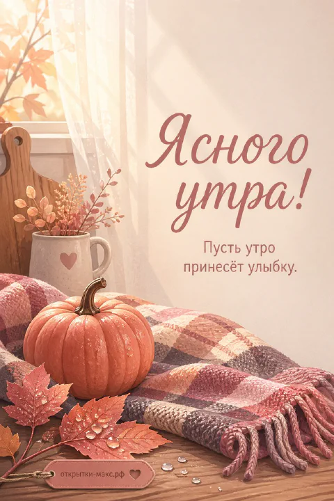 Оранжевая тыква на розово-бежевом клетчатом пледе с осенними листьями у окна, надпись «Ясного утра»