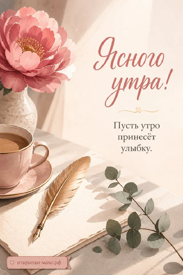 Оранжевая тыква на розово-бежевом клетчатом пледе с осенними листьями у окна, надпись «Ясного утра» — вариант 2