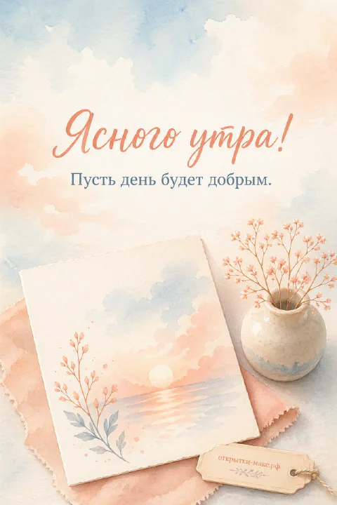 Акварельная ваза с тонкими розовыми ветками на фоне рассвета над морем, надпись «Ясного утра, пусть день будет добрым»