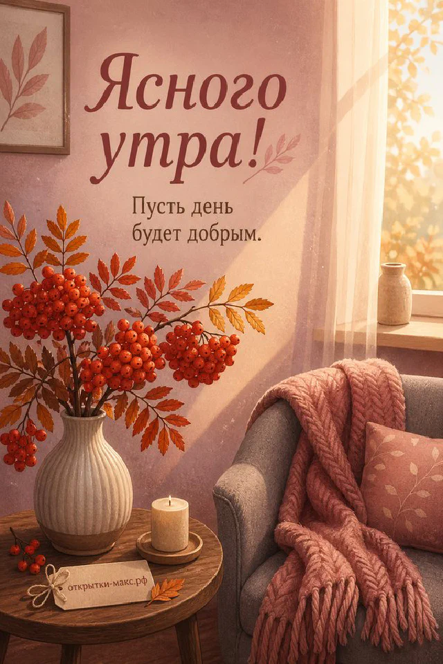 Акварельная ваза с тонкими розовыми ветками на фоне рассвета над морем, надпись «Ясного утра, пусть день будет добрым» — вариант 2