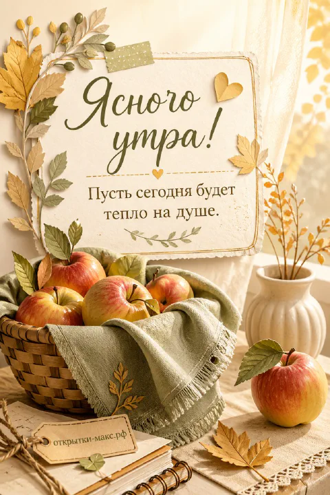 Корзина с красными и зелёными яблоками среди осенних листьев и бумажная карточка с надписью «Ясного утра»