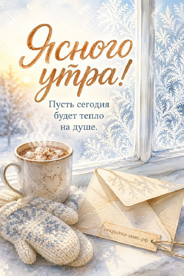 Корзина с красными и зелёными яблоками среди осенних листьев и бумажная карточка с надписью «Ясного утра» — вариант 2