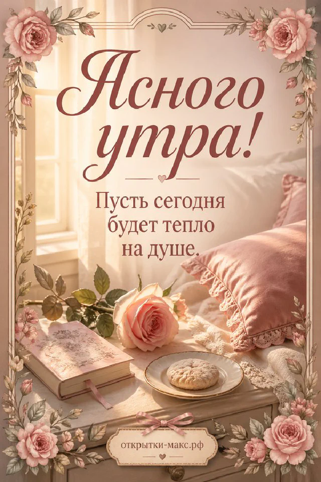 Корзина с красными и зелёными яблоками среди осенних листьев и бумажная карточка с надписью «Ясного утра» — вариант 4
