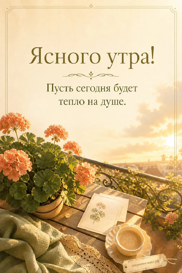 Корзина с красными и зелёными яблоками среди осенних листьев и бумажная карточка с надписью «Ясного утра» — вариант 5