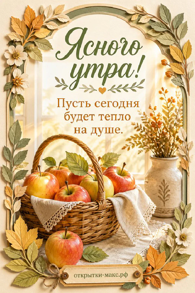 Корзина с красными и зелёными яблоками среди осенних листьев и бумажная карточка с надписью «Ясного утра» — вариант 3
