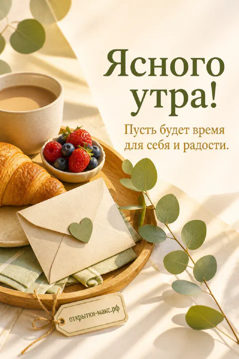 Поднос с круассаном, чашкой кофе, ягодами и конвертом с сердечком на светлой ткани, надпись «Ясного утра»