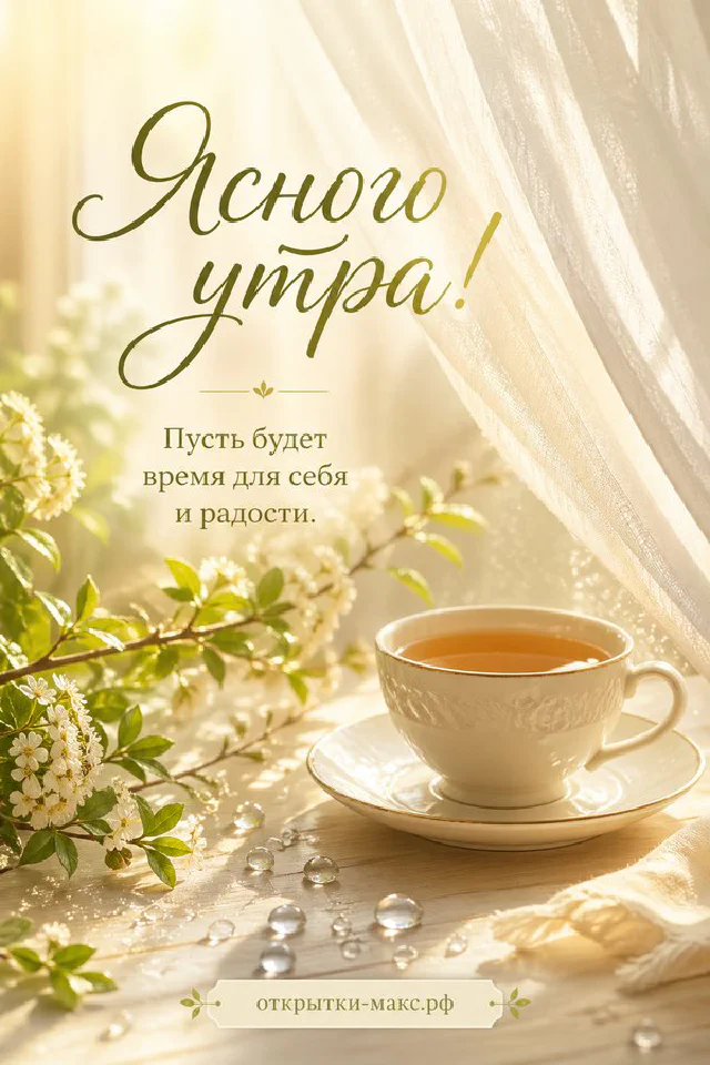 Поднос с круассаном, чашкой кофе, ягодами и конвертом с сердечком на светлой ткани, надпись «Ясного утра» — вариант 2