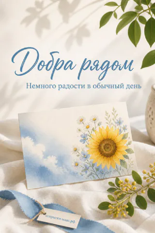 Акварельная открытка с подсолнухом и голубыми полевыми цветами на светлом фоне