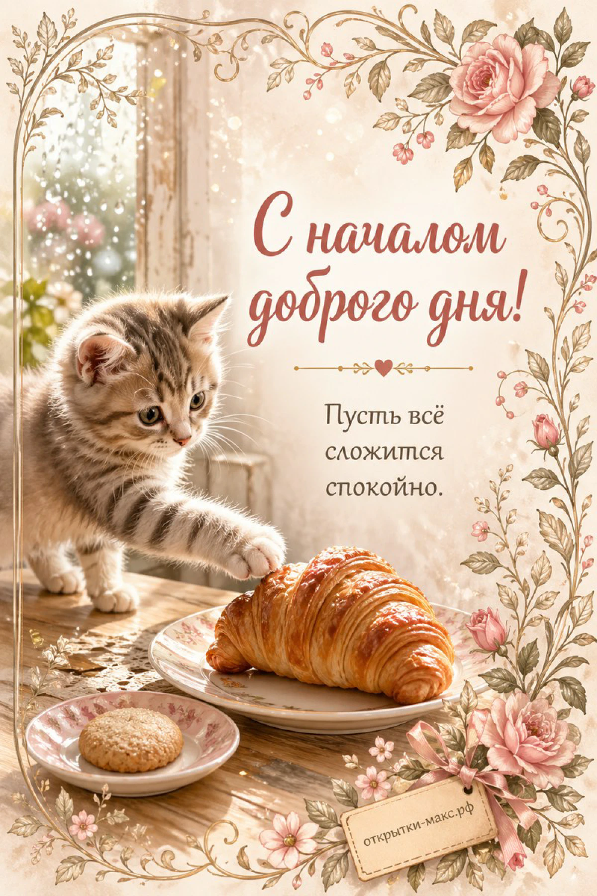 Котёнок тянется к круассану на столе, рядом печенье и розы в нежном розовом оформлении