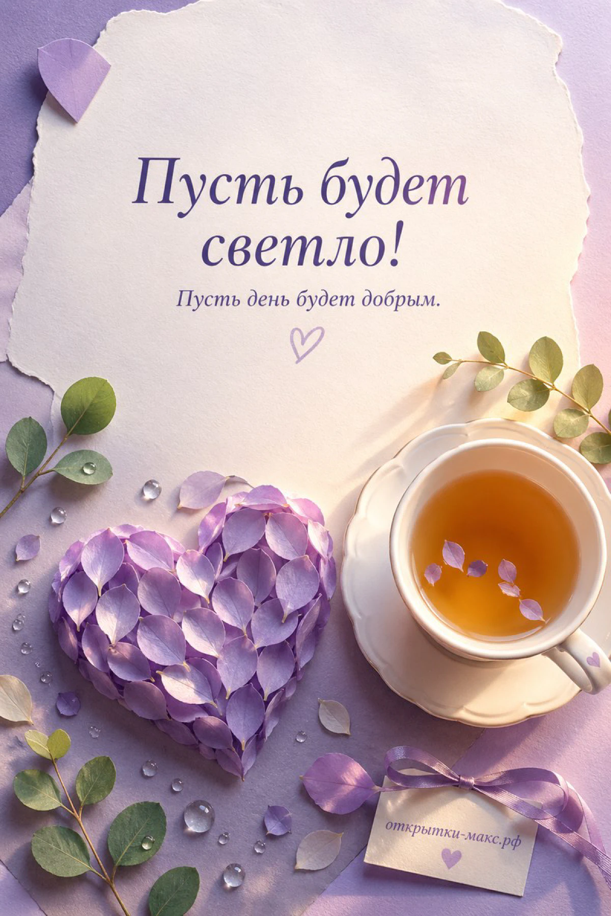 Чашка чая и сердечко из фиолетовых лепестков на лавандовом фоне с каплями воды
