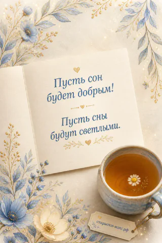 Раскрытая книга с пожеланием «Пусть сон будет добрым» и чашка чая с ромашкой на голубом фоне с цветами