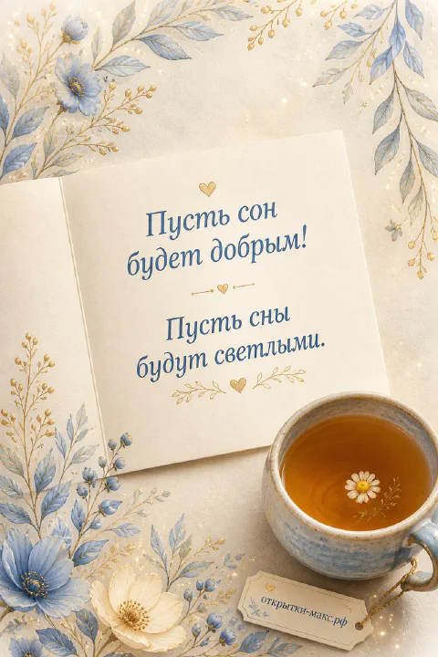Раскрытая книга с пожеланием «Пусть сон будет добрым» и чашка чая с ромашкой на голубом фоне с цветами