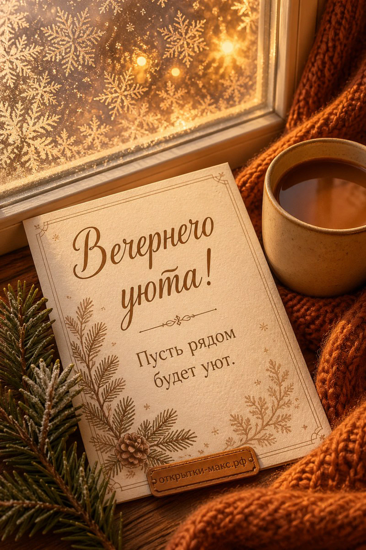 Зимнее окно со снежинками, открытка с надписью «Вечернего уюта», рыжий вязаный плед и глиняная кружка с чаем