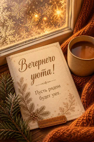 Зимнее окно со снежинками, открытка с надписью «Вечернего уюта», рыжий вязаный плед и глиняная кружка с чаем