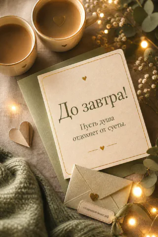 Открытка с надписью «До завтра» среди двух кофейных кружек, бумажных сердец и мерцающей гирлянды