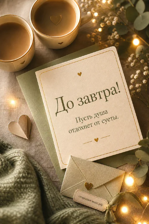 Открытка с надписью «До завтра» среди двух кофейных кружек, бумажных сердец и мерцающей гирлянды