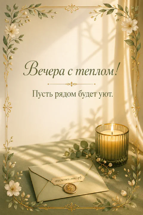 Горящая зелёная свеча в стеклянном стакане рядом с конвертом с сургучом и белыми мелкими цветами на зелёном фоне