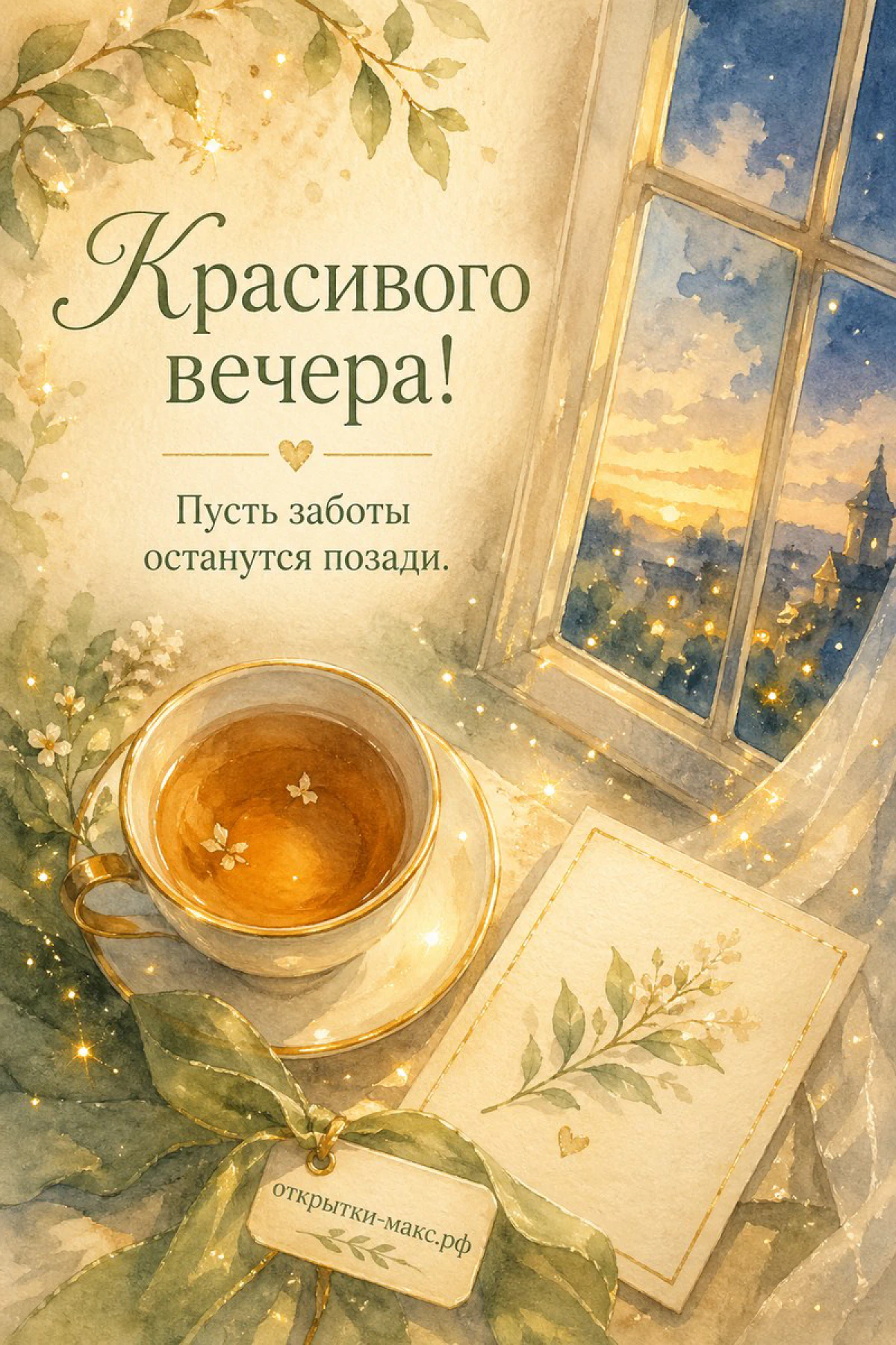 Акварельная иллюстрация: чашка чая на подоконнике у окна с видом на закатный город и огни вечерних улиц