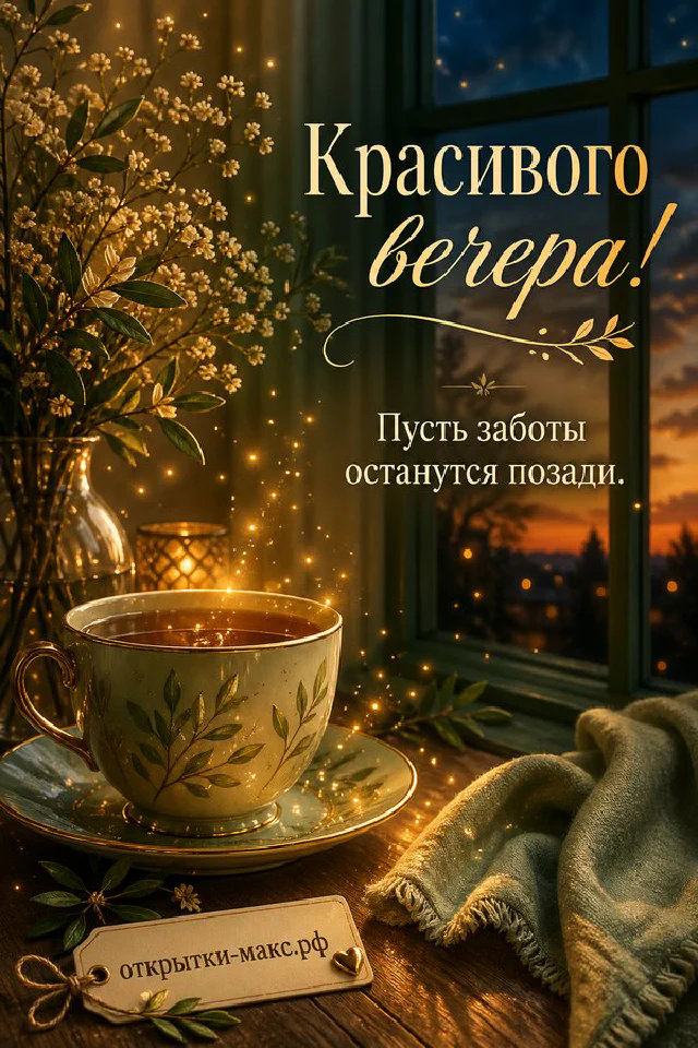 Акварельная иллюстрация: чашка чая на подоконнике у окна с видом на закатный город и огни вечерних улиц — вариант 2