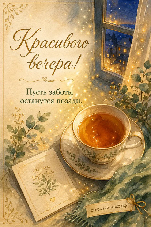 Акварельная иллюстрация: чашка чая на подоконнике у окна с видом на закатный город и огни вечерних улиц — вариант 3