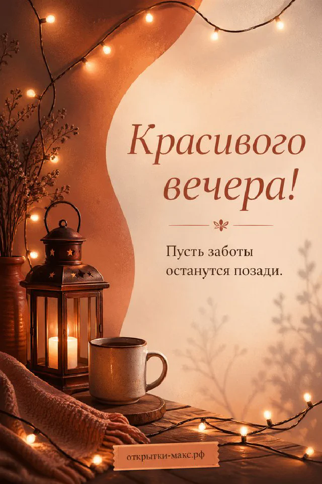 Акварельная иллюстрация: чашка чая на подоконнике у окна с видом на закатный город и огни вечерних улиц — вариант 7