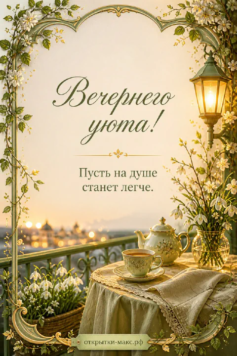 Белый фарфоровый чайник и чашка на балконном столике с жасмином, фонарём и видом на вечерний город