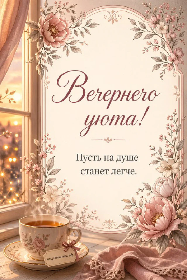 Белый фарфоровый чайник и чашка на балконном столике с жасмином, фонарём и видом на вечерний город — вариант 3