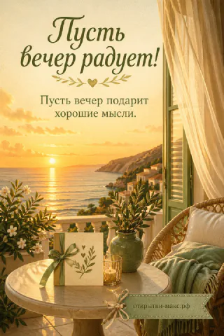 Средиземноморский балкон с плетёным креслом, вазой и белыми цветами на фоне моря на закате