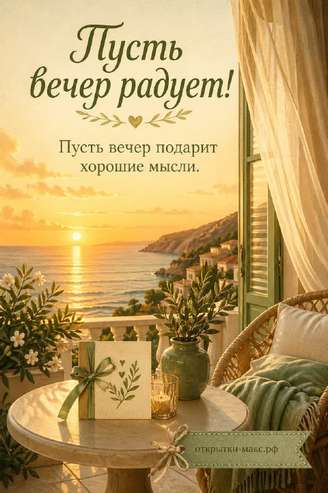 Средиземноморский балкон с плетёным креслом, вазой и белыми цветами на фоне моря на закате