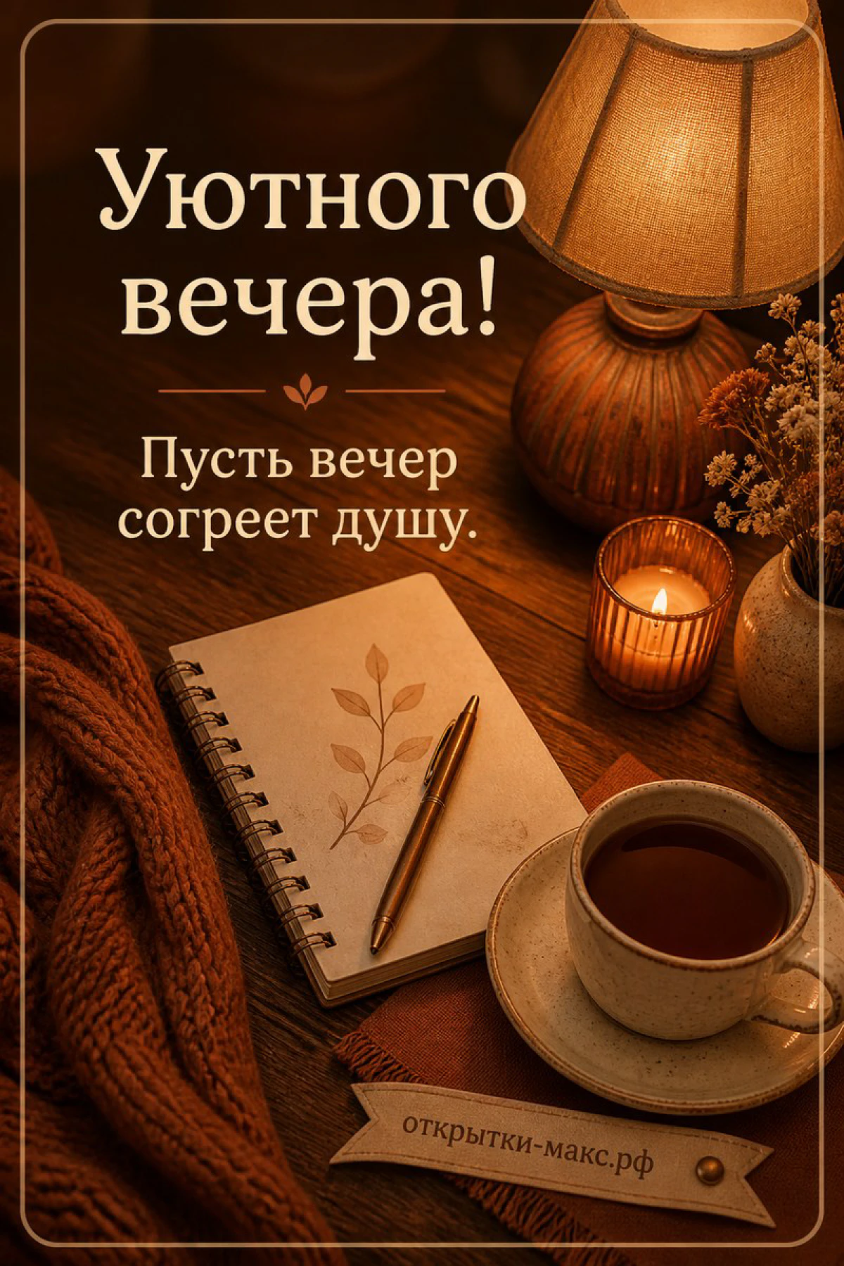 Блокнот с пером, чашка чая, горящая свеча и настольная лампа в янтарных тонах