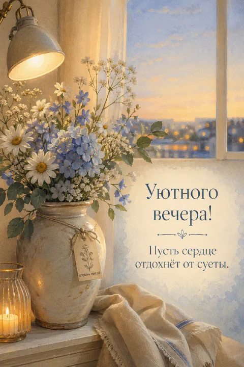 Большая ваза с белыми и голубыми полевыми цветами у окна на закате со свечой и пледом