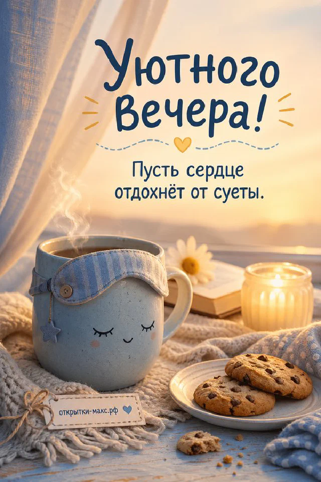 Большая ваза с белыми и голубыми полевыми цветами у окна на закате со свечой и пледом — вариант 3