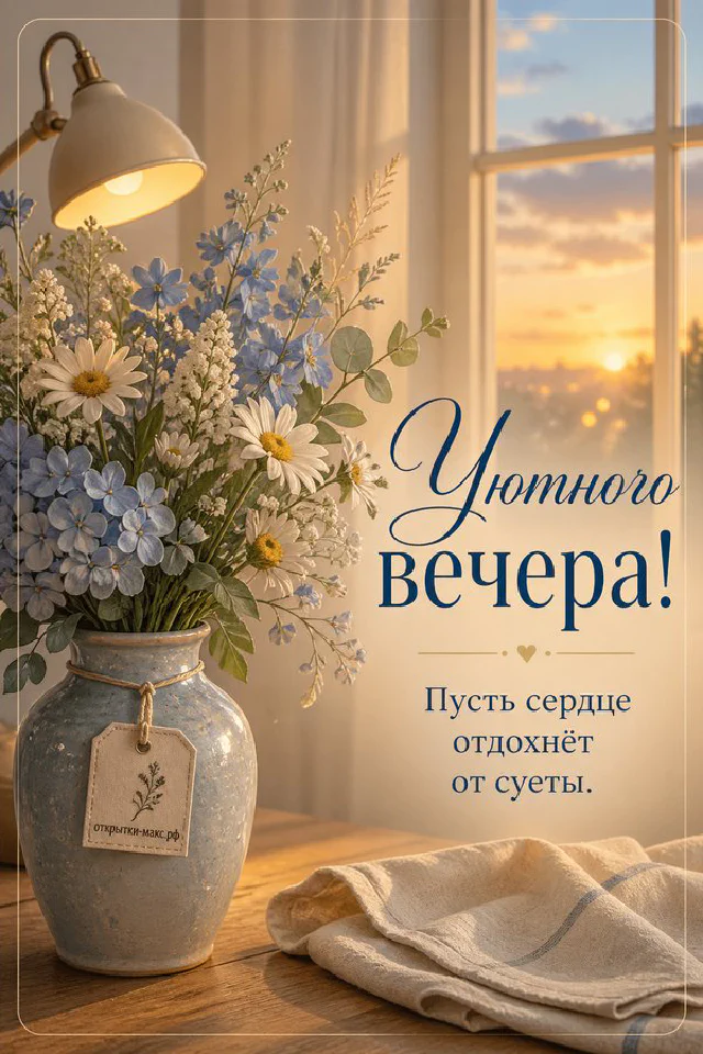 Большая ваза с белыми и голубыми полевыми цветами у окна на закате со свечой и пледом — вариант 7
