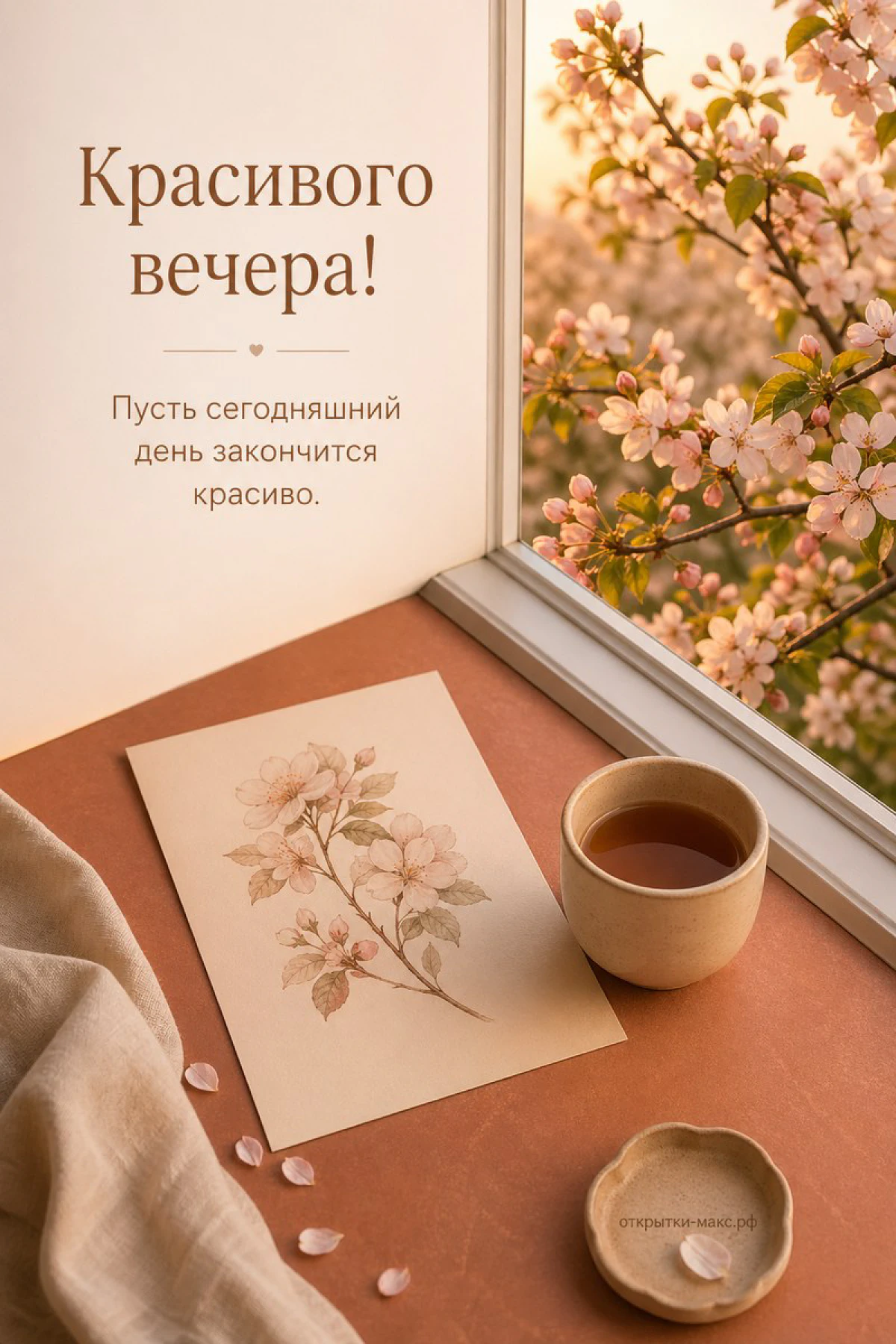 Чашка чая на подоконнике у окна с цветущей розовой яблоней и акварельный рисунок с цветами на столе
