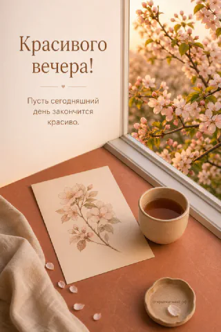 Чашка чая на подоконнике у окна с цветущей розовой яблоней и акварельный рисунок с цветами на столе
