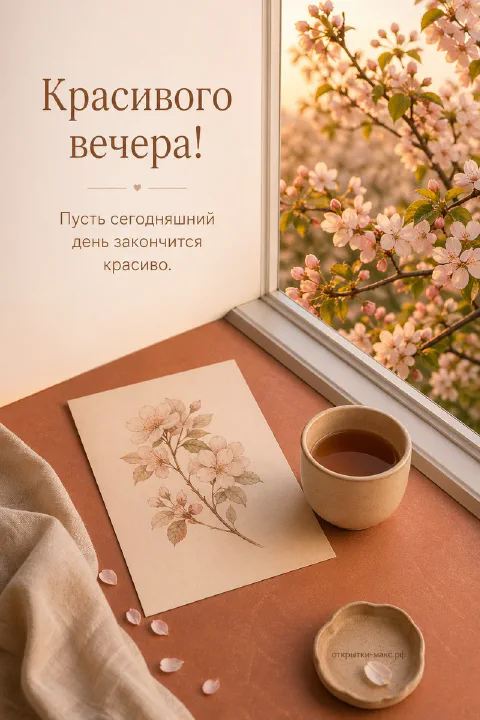 Чашка чая на подоконнике у окна с цветущей розовой яблоней и акварельный рисунок с цветами на столе